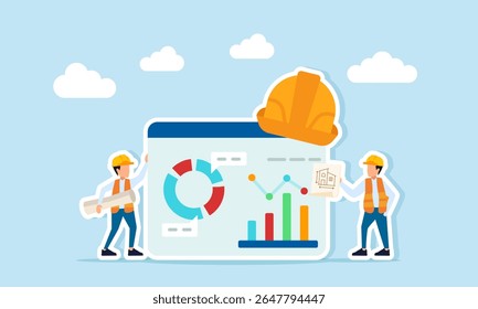 Two engineers holding paperwork discussing near an application interface with project helmets showing data charts and diagrams illustration of monitoring project progress