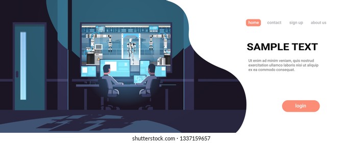 two engineers looking at monitors behind glass robot production factory robotic industry artificial intelligence dark office interior surveillance security system copy space horizontal