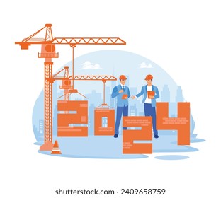 Two engineers are preparing for New Year's Eve and arranging the numbers 2024 using a crane. Happy New Year 2024 concept. Trend Modern vector flat illustration