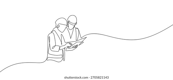 Zwei Ingenieure lesen einen Entwurf in einer durchgehenden Zeile. einzeilige Vektorgrafik.