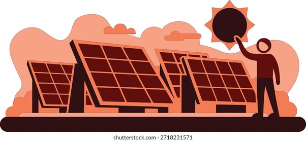 Two engineers in safety gear, collaborate next to an array of four mounted solar panels in this isometric vector illustration of renewable energy management