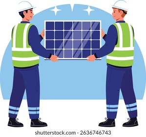 Two engineers in safety uniforms inspecting and selecting a clean high efficiency solar panel before rooftop installation for a renewable energy project cartoon