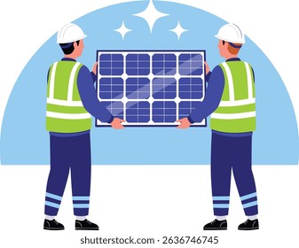 Two engineers in safety uniforms inspecting and selecting a clean high efficiency solar panel before rooftop installation for a renewable energy project cartoon