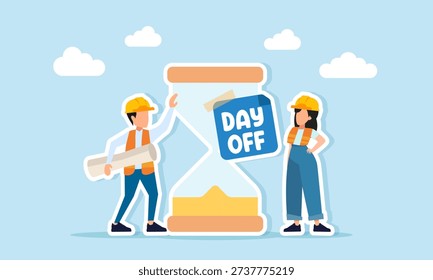 Two engineers standing near hourglass with day off sticker illustration of completing construction project on time and meeting deadline
