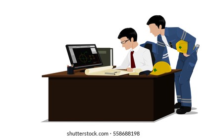 two engineers are verifying drawing together on transparent background
