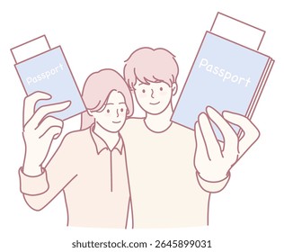 Two enthusiastic friends proudly display their passports, eagerly prepared for their upcoming adventure together