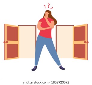 Two entrance choice. Girl question mark choosing between two doors.Woman standing choice of ways.Female choices concept.Vector flat.