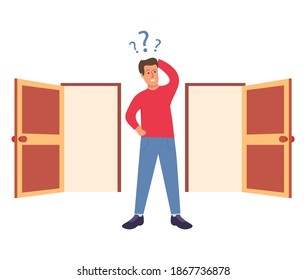 Two entrance choice. Guy question mark choosing between two doors.Man standing choice of ways.Male choices concept.Vector flat.