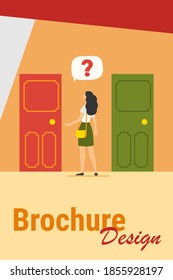 Two entrance choice. Woman with question mark choosing between two doors flat vector illustration. Solution, opportunities, dilemma concept for banner, website design or landing web page