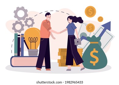 Two entrepreneur make business deal. Businesswoman invest money in innovation idea or new startup. Concept of partnership and investment. Investor and creator shake hands. Flat vector illustration