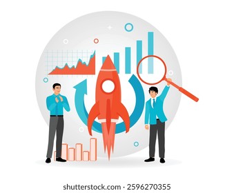 Two entrepreneurs analyzing growth charts, and data visualization concepts that drive innovation, success and development. Rocket symbols going up, magnifying glass, graphs and data statistics.
