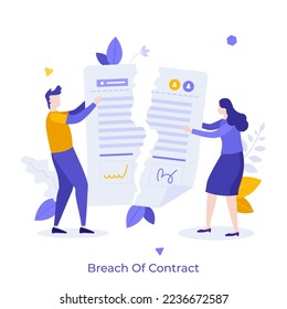 Two entrepreneurs or clerks tearing up document. Concept of breach of contract, agreement termination, breaking business deal, disagreement between parties. Modern flat vector illustration for poster.