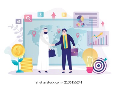 Two entrepreneurs conclude business agreements. Arab sheikh make successful deal with foreign investor. International partnerships concept. Men shake hands in agreement. Flat vector illustration