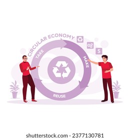 Two entrepreneurs discuss the circular economy. Take, make, resume. Circular Economy concept. Trend Modern vector flat illustration