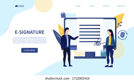 Two entrepreneurs sign an e-signature contract. Businessmen make successful deal The concept of a secure agreement with an electronic signature young Businesswoman signs an agreement flat Illustration