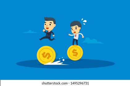 two entrepreneurs walk by using gold coins. vector illustration