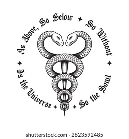 Two entwined snakes with caduceus symbol black and white silhouette