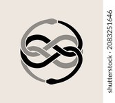 Two entwined snakes, ouroboros symbol. Serpent eating its own tale silhouette. Vector illustration, EPS 10