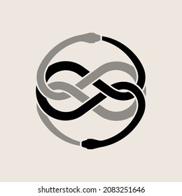 Two entwined snakes, ouroboros symbol. Serpent eating its own tale silhouette. Vector illustration, EPS 10