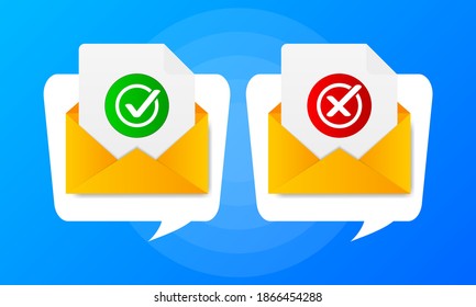 Two envelope with approved and rejected letters on blue background. Quote speech bubble. Vector illustration.