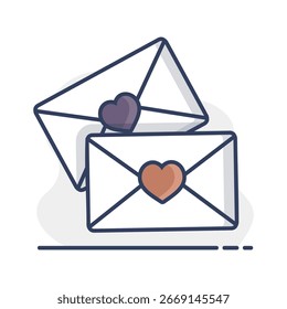 Icono de dos sobres. Carta de amor. Símbolo de San Valentín. Ilustración vectorial, Elementos románticos. Etiqueta engomada, parche, insignia, tarjeta para el matrimonio, boda