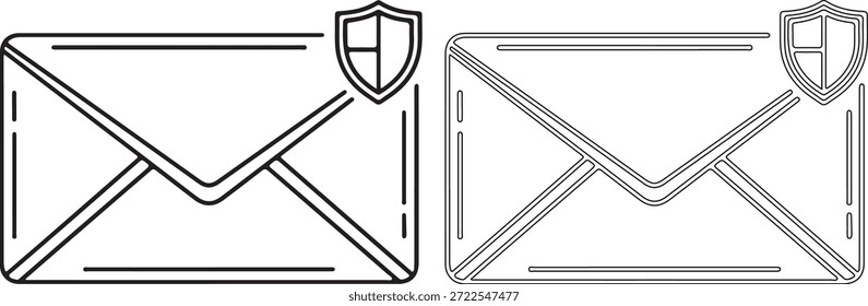 Dos iconos de sobres, uno lleno y otro delineado, con un escudo en la esquina superior derecha, aislados sobre fondo blanco