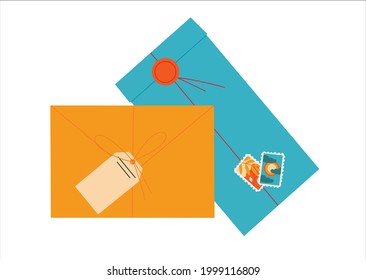 Two envelopes blue and brown isolated on white.