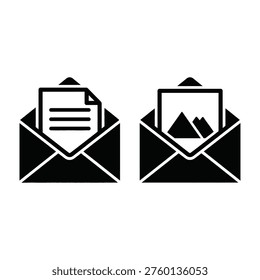 two envelopes with document and photo inside on white background