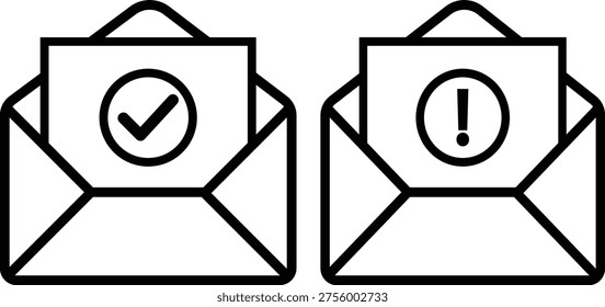 Two envelopes with icons, one with a checkmark and the other with an exclamation mark, symbolizing email status