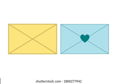 Dos sobres de fondo blanco. Se compone de un sobre amarillo y un sobre azul con corazón. Concepto de comunicación. Ilustración vectorial del símbolo de correo electrónico.