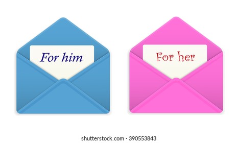 two envelopes one blue for him, another pink for her, message concept, for man and for woman idea, vector