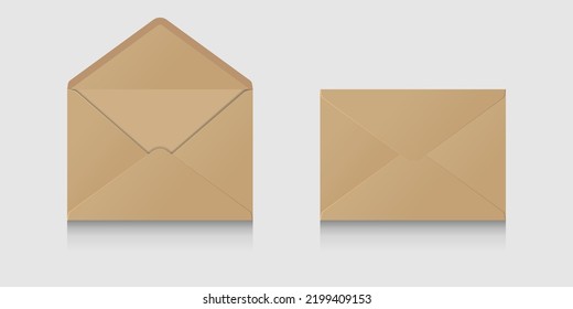 Two Envelopes Open And Closed Brown. With Shadows And Sticky Tape. The Letter Is The Old Ordinary Mail. Written Communication Between People.