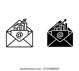 Zwei Umschläge mit einem Symbol und einem Balkendiagramm, die aus ihnen in schwarz-weißem E-Mail-Wachstum hervorgehen