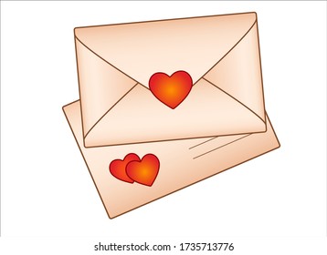 Two envelopes with valentines - vector full color picture. Two envelopes from yellowish aged paper with red hearts - love letters. Illustration with love notes - Valentine's day