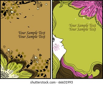 two eps10 hand drawn cards with leaves, flowers and female profile