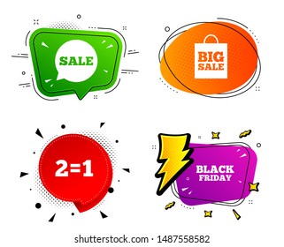 Two equals one. Banner badges, various colors. Sale speech bubble icons. Black friday sign. Big sale shopping bag symbol. Chat bubble vector shape. Gradient banner. Price tag. Vector