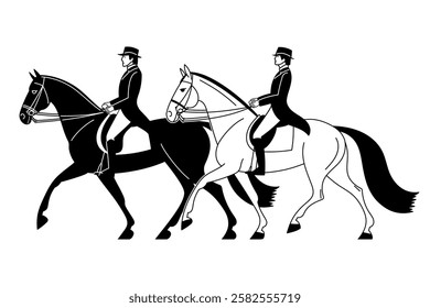 Two equestrians riding horses in a black and white stylized illustration