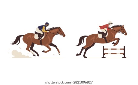 Two equestrians are shown, one galloping quickly and the other jumping gracefully over a red and white hurdle bar.