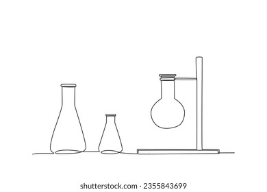 Two Erlenmeyers and a volumetric flask on the clamp. Lab equipment one-line drawing