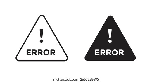 Dos iconos de error: un contorno, uno relleno. Ambos son triangulares con un signo de exclamación y la palabra 'ERROR'. Aislado en blanco.