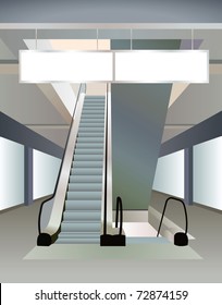 Two Escalators In Mall And Plates, Vector