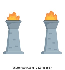 Two eternal flames burning brightly atop stone pedestals, symbolizing remembrance and honor
