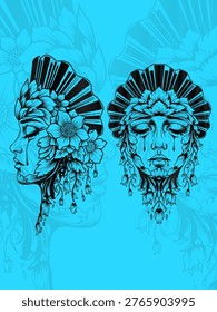 Two ethereal women's faces adorned with intricate floral designs, depicting a mystical or melancholic beauty with stylized tears. A vibrant vector illustration for fantasy, nature, or emotional themes.