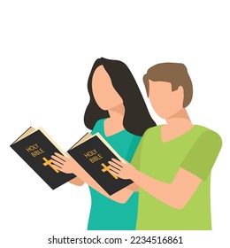 Two European people reading a holy bible. Woman and man are studying bible. Vector illustration.