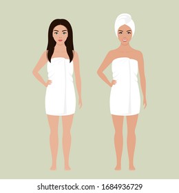 Two European women wrapped in a white towel after a shower stand barefoot. Vector stock flat illustration