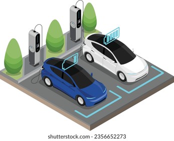 Dos vehículos eléctricos EV paran en la estación de carga Ecología cortada en el interior muestra Batería Concepto de batería aislado isométrico vectorial color azul y blanco