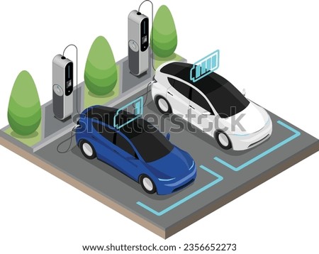 Two EV Electric Cars stop at Charging Station Ecology cut inside show Battery Concept isometric isolated vector blue and white color