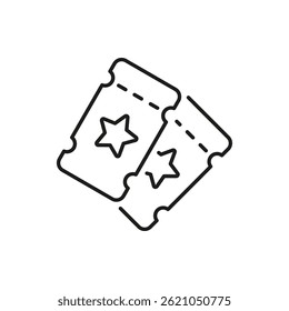Two Event Tickets With Stars Line Icon. Entertainment Access, Concert Admission, And Movie Pass Outline Symbol. Ticketing System And Event Planning. Editable Stroke. Isolated Vector Illustration.