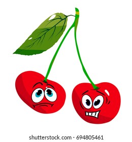 Two evil cherries on a branch, cartoon caricature on a white background.vector