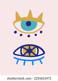 Dos plantillas de arte de muros étnicos de ojos malignos. Ojos turcos símbolos decorativos. Diseño de portada de etiquetas dibujadas a mano simple. Diseños de Amulet. Dibujo de iconos de moda de Boho creativo